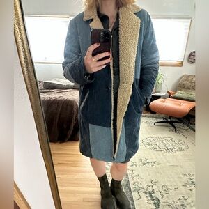 Free People Denim and Faux Shearling Patch Coat